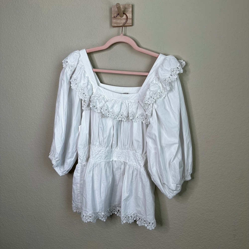 Maeve Anthropologie Blouse Lace Ruffle Smocked Waist Puff Sleeve XL Cottagecore